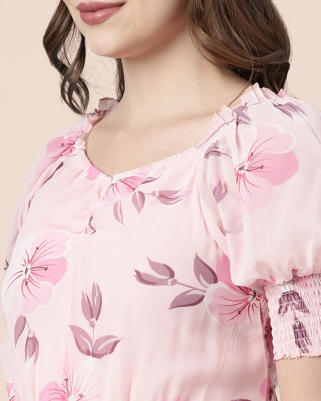 Baby Pink Floral Printed Smocked Dress for Women