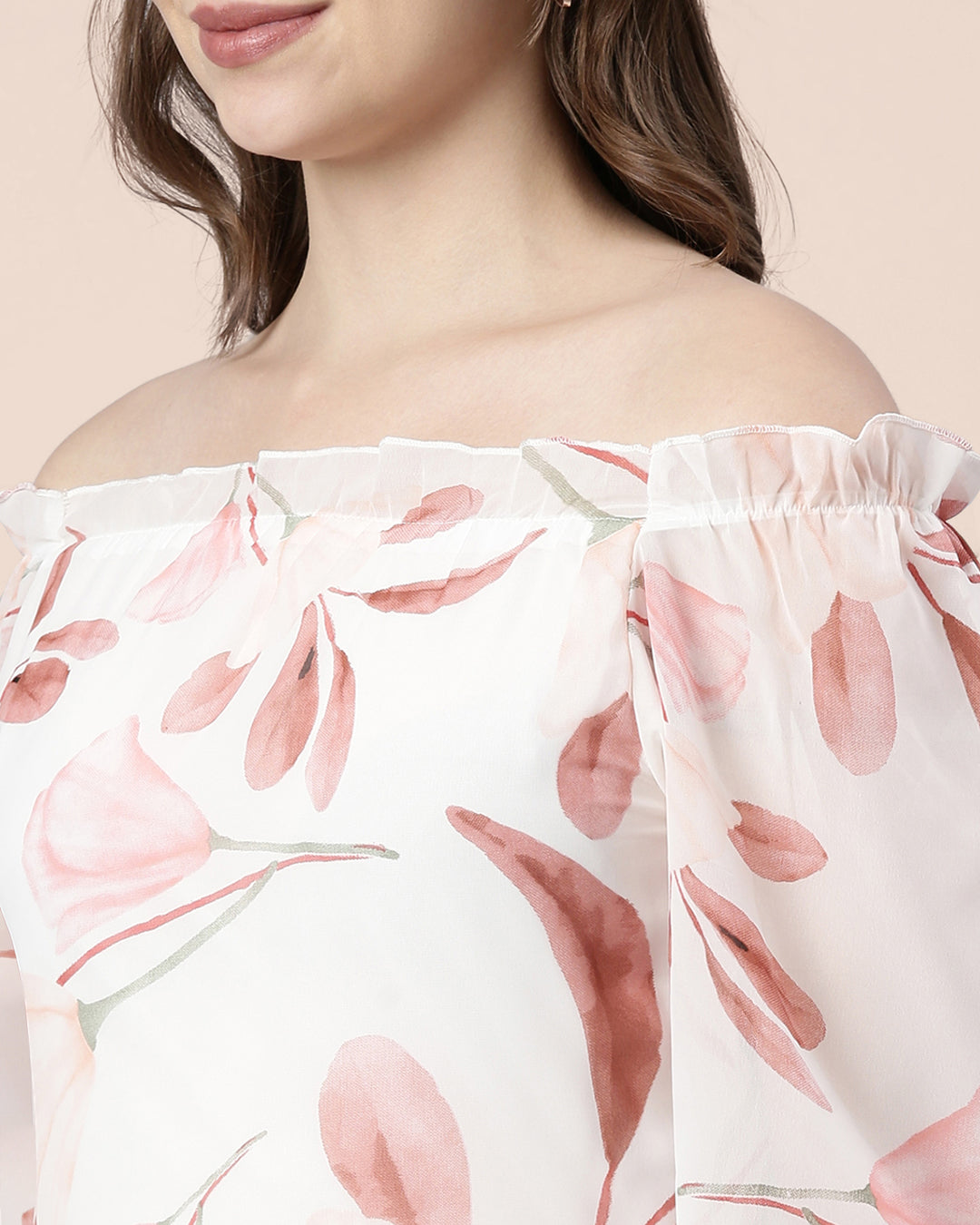 Stretchy Pearl White Peach Printed Women Off Shoulder Dress