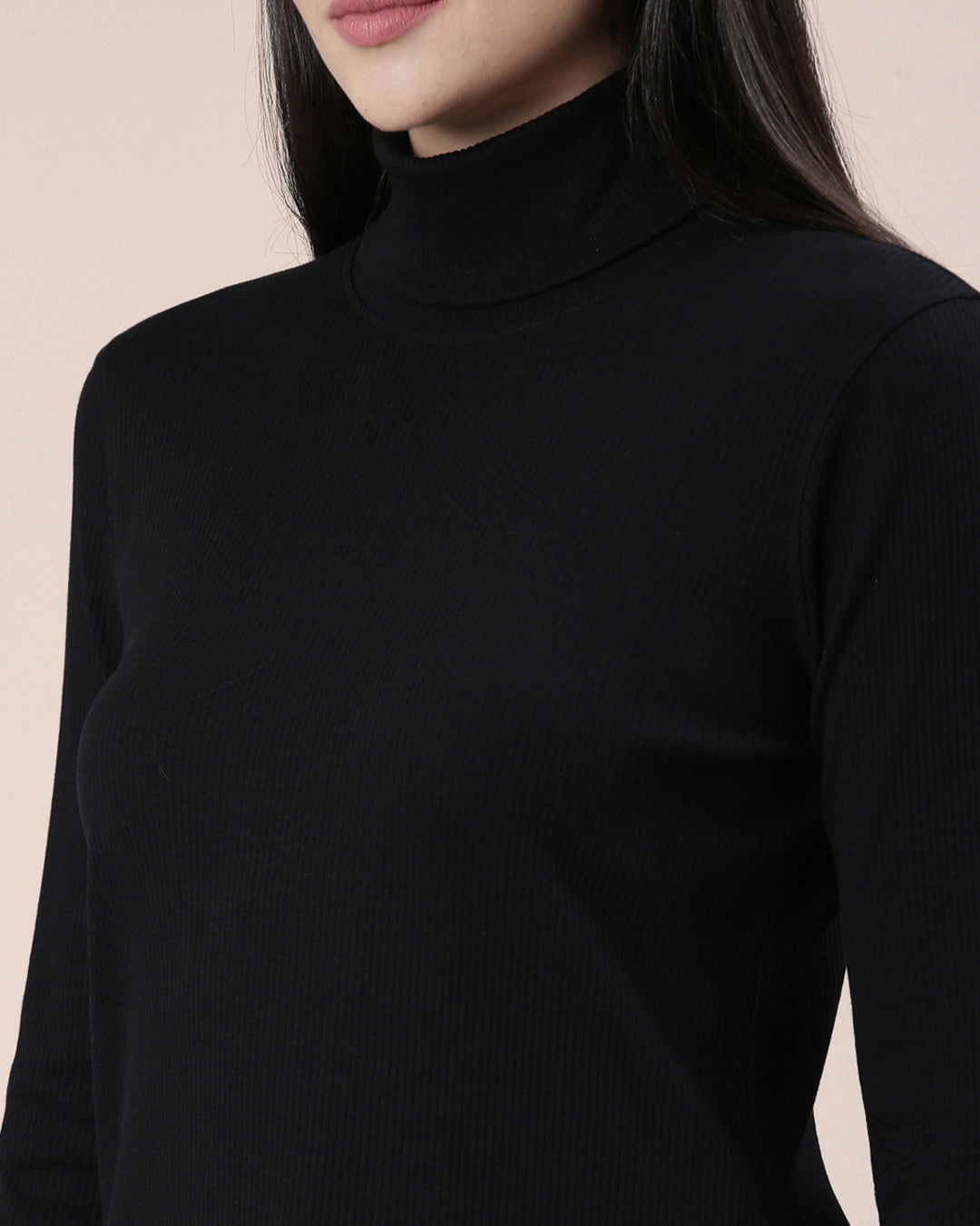 Comfortable Black Women Turtle Neck Ribbed Tee 