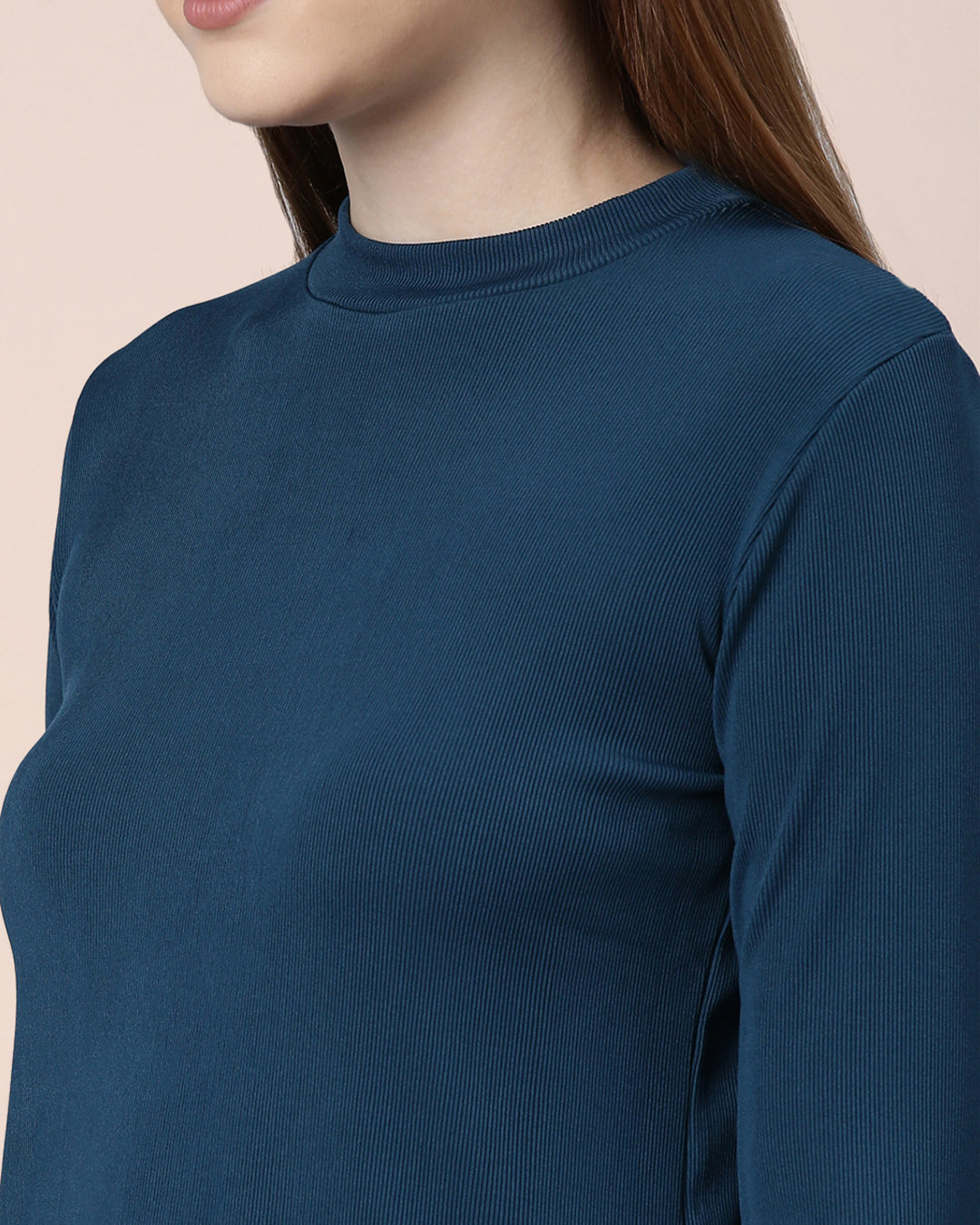 Strechy Peacock Blue Women High Neck Top 