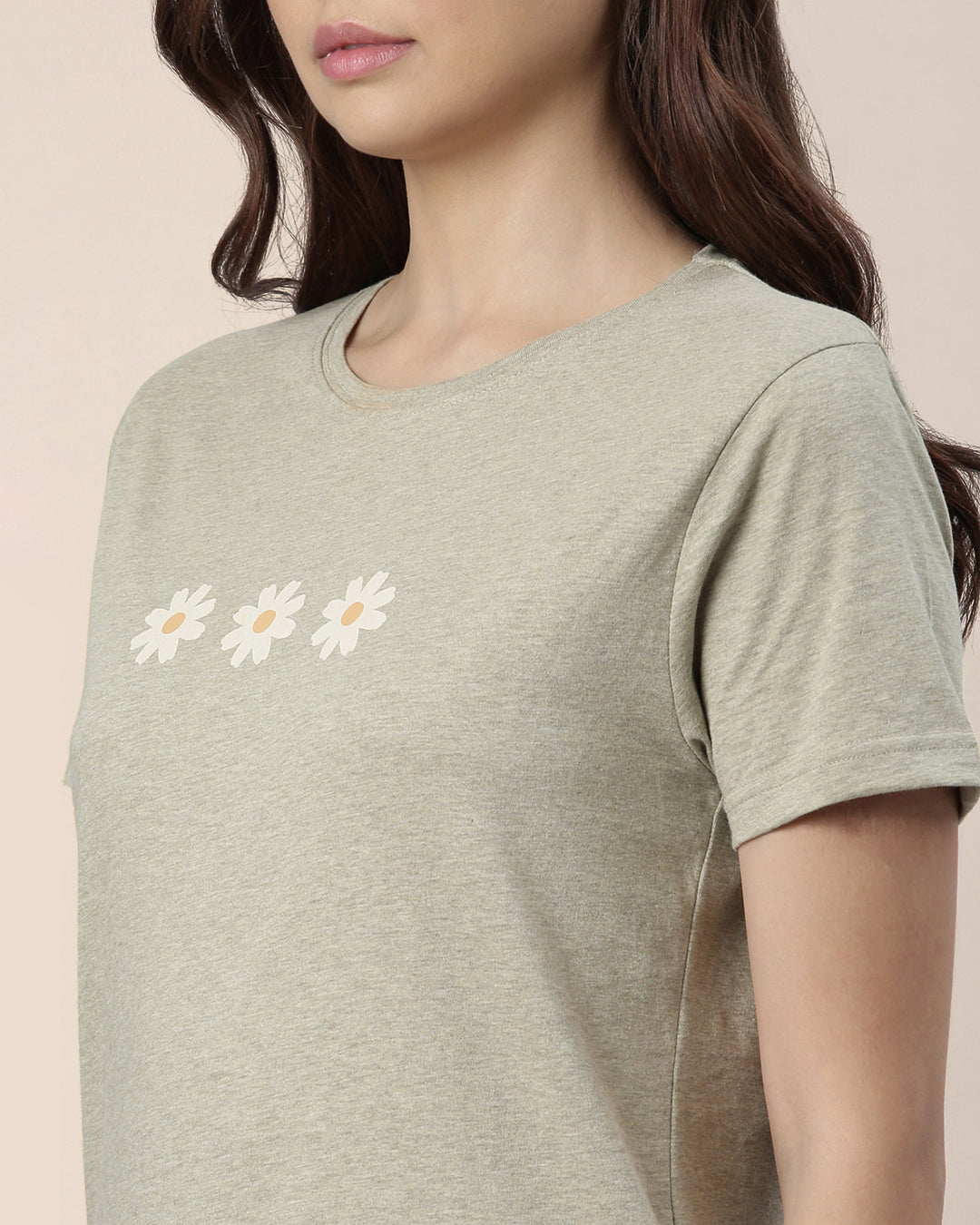 Flower Print Dusty Green Relaxed Fit Tee for Women - Twin Birds 