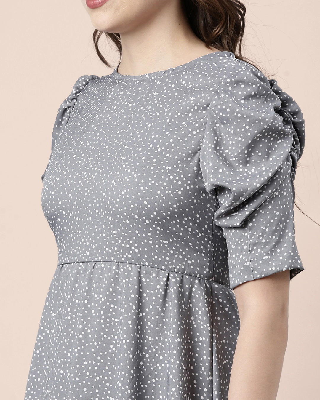 Feather like Feel Grey Floral Printed Women Puff Sleeve Dress