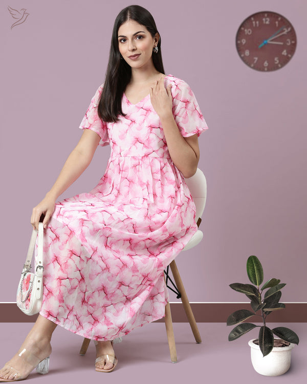 Women Flutter Sleeve Dress - Pink