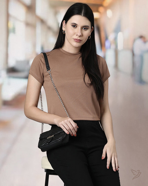 Women Ribbed Crop Top - Light Brown