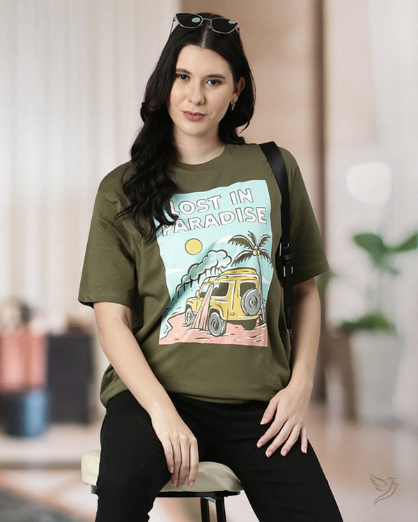 Women Oversize Long Tee - Green Tree