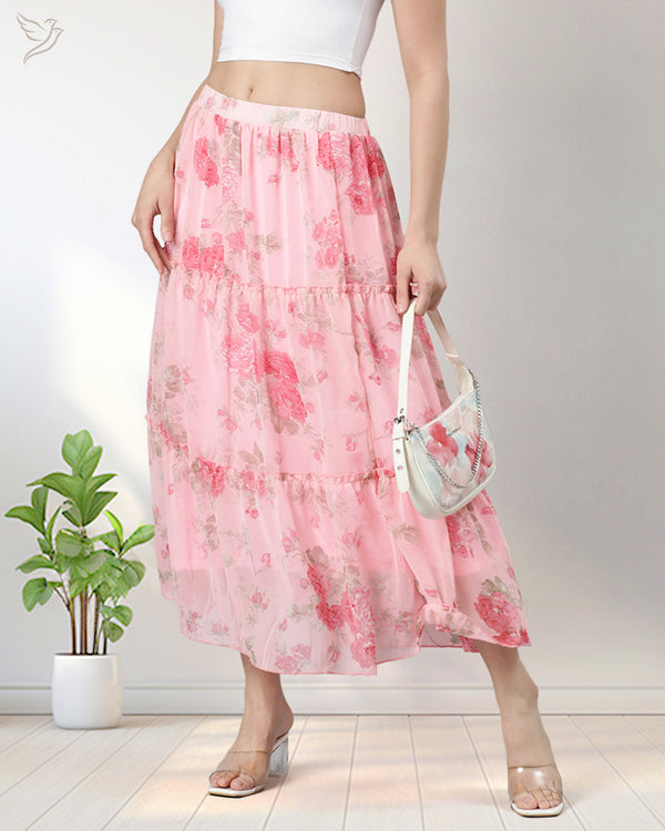 Women Tiered Maxi Skirt - Pink