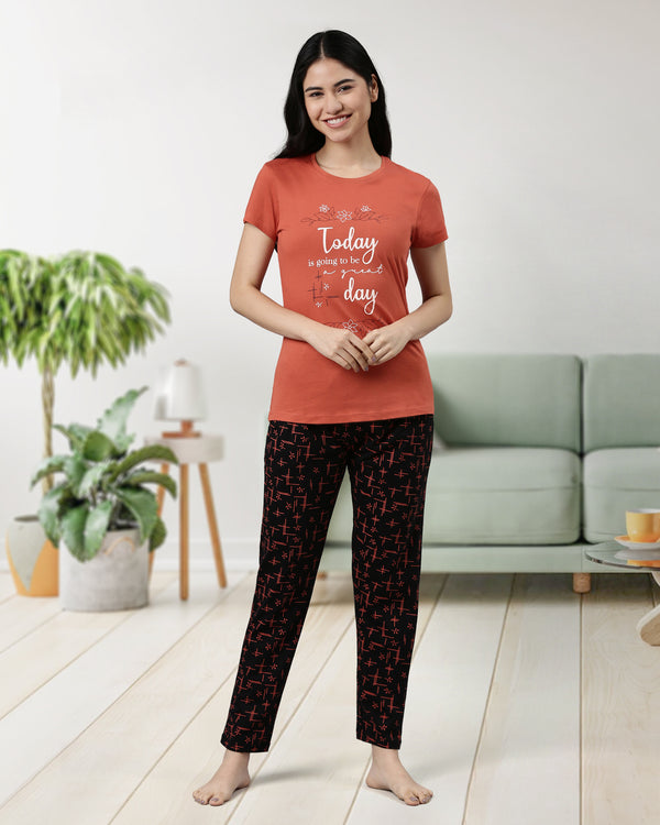 Women Printed Lounge Wear Pyjama Set - Red + Black