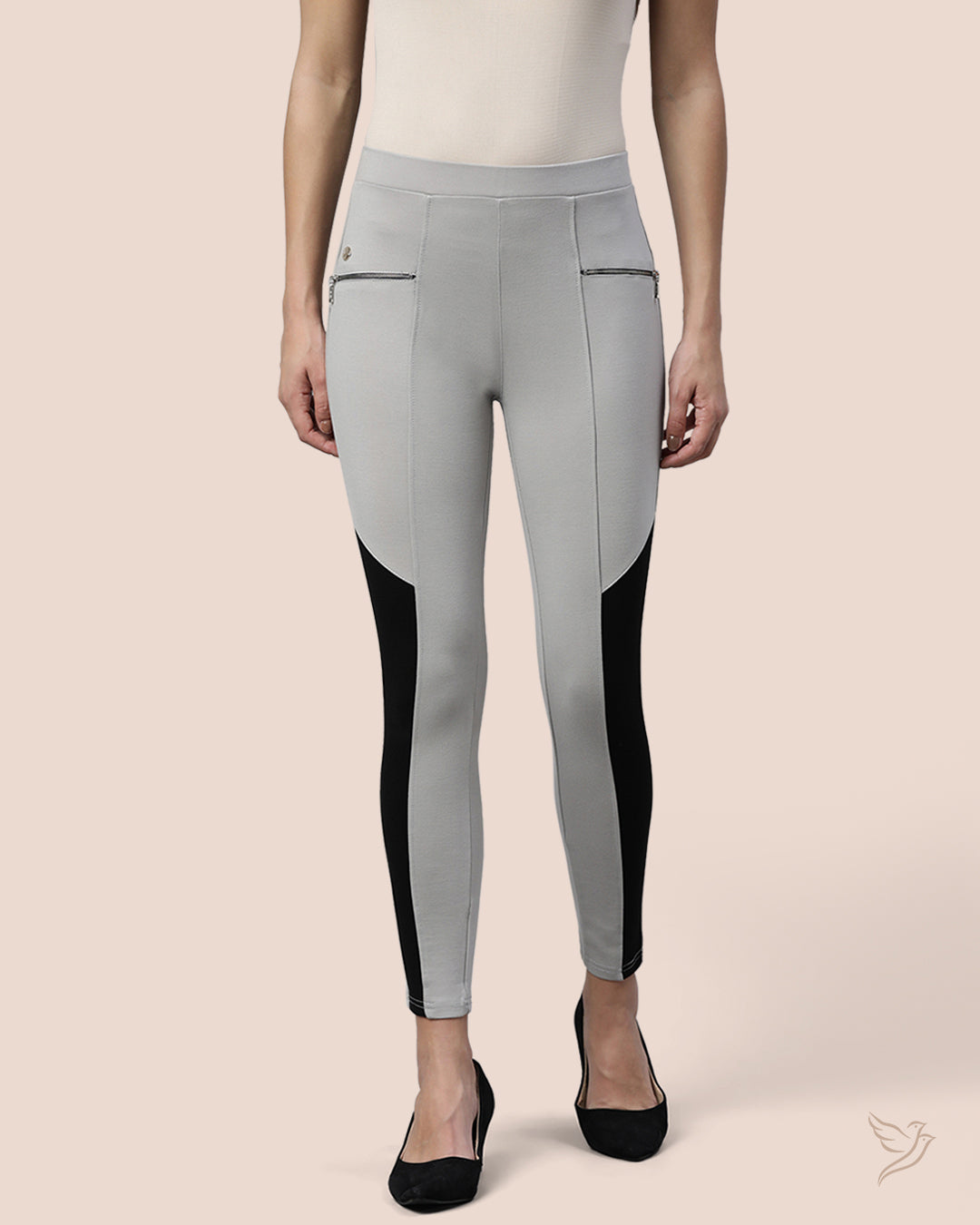 Grey & Black Women Zipped Treggings