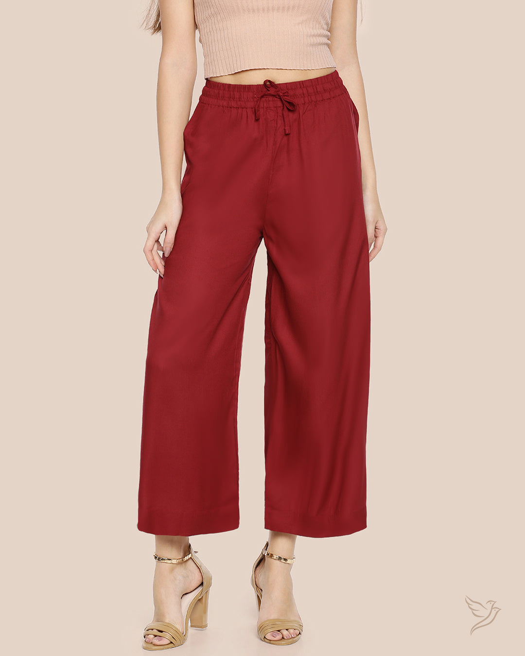 Mehandi Maroon Women Solid Wide Leg Palazzo