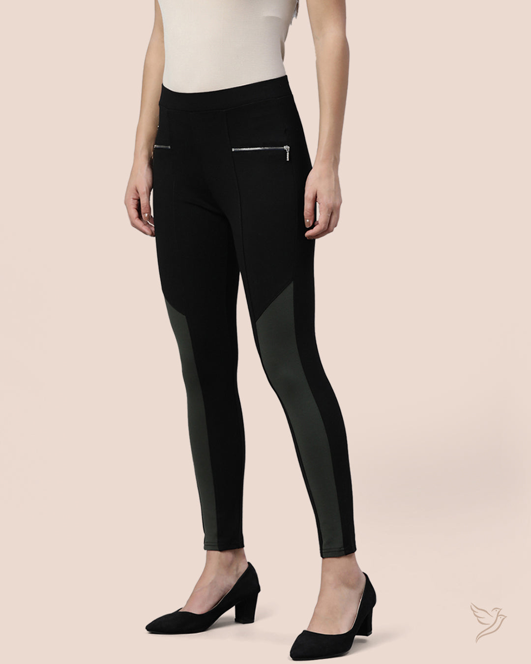 Black & Green Zipped Treggings for College Girls