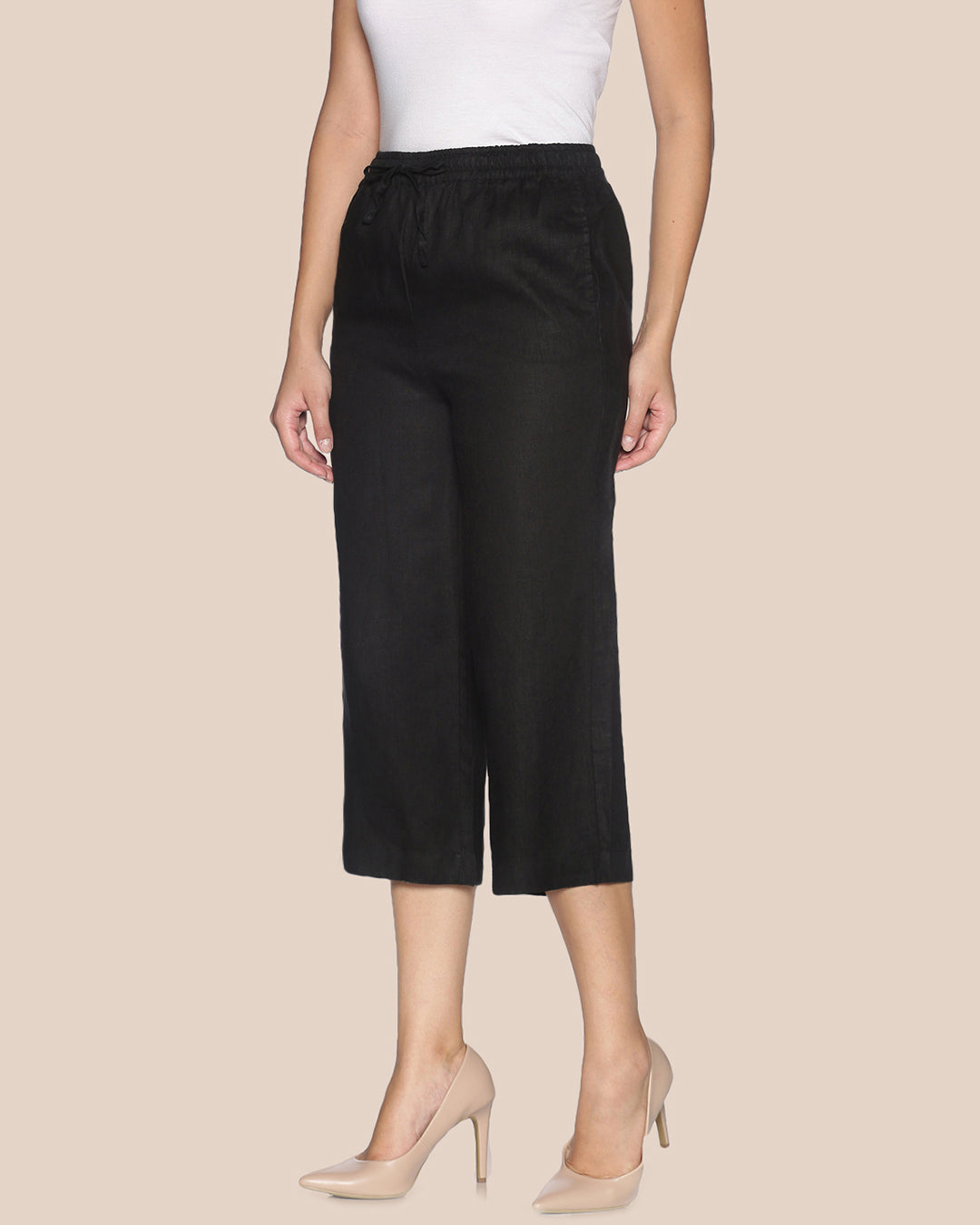 Black Linen 3/4 Wide Leg Palazzo for Women 