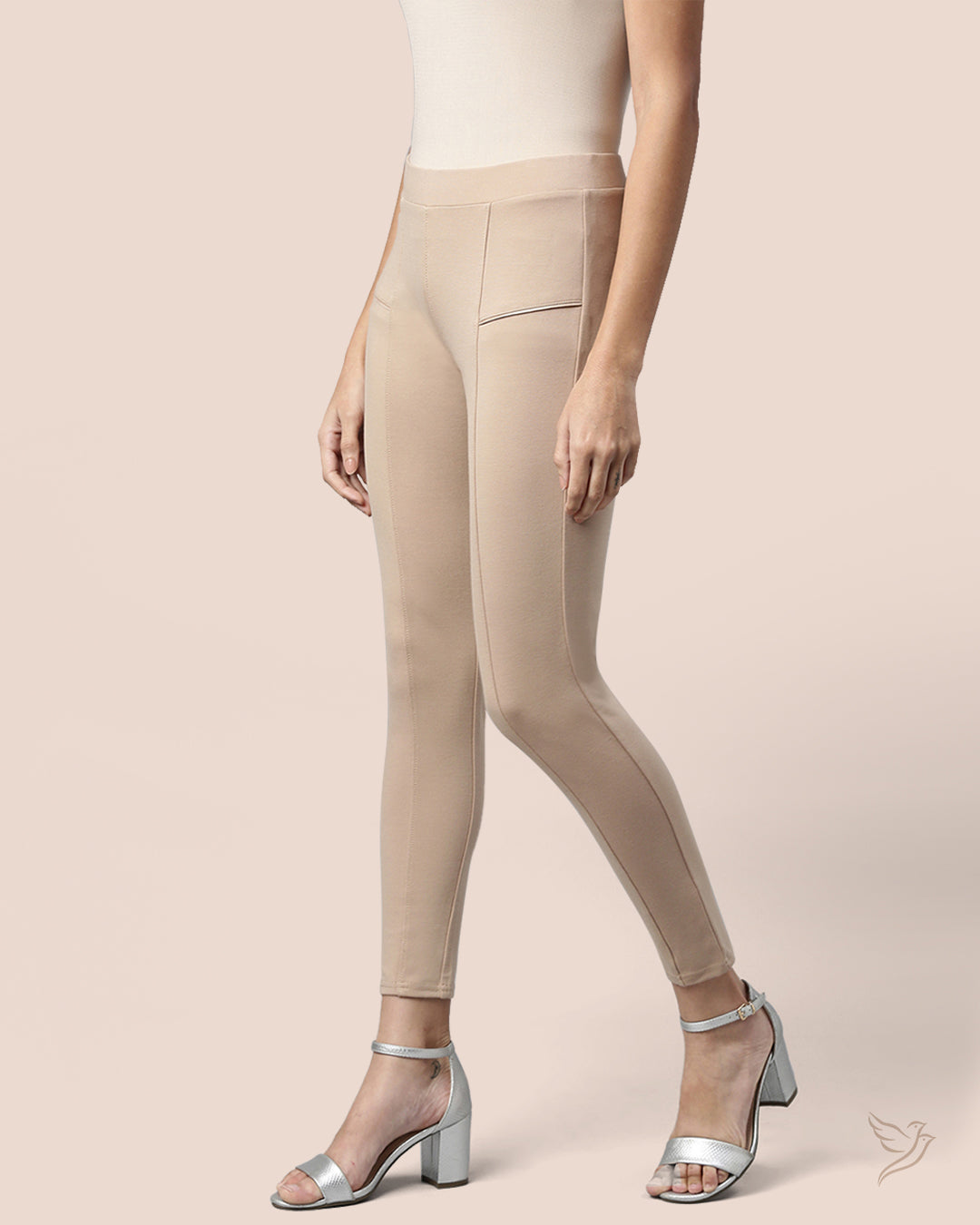 Beige Solid Treggings for Women