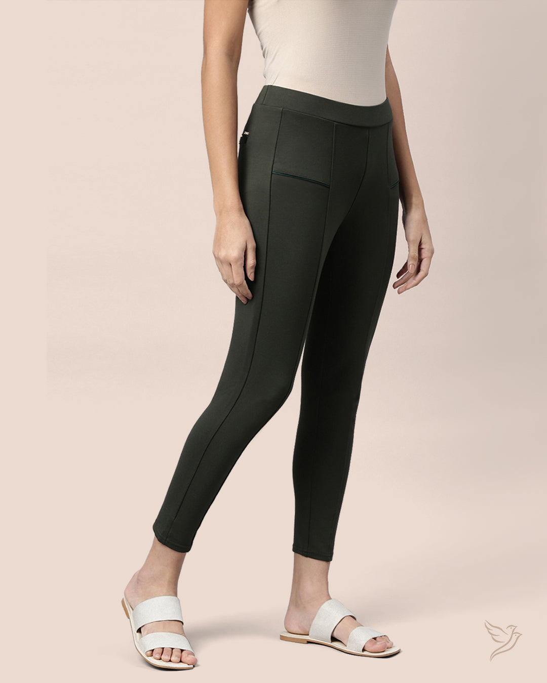 Green Solid Treggings for College Girls