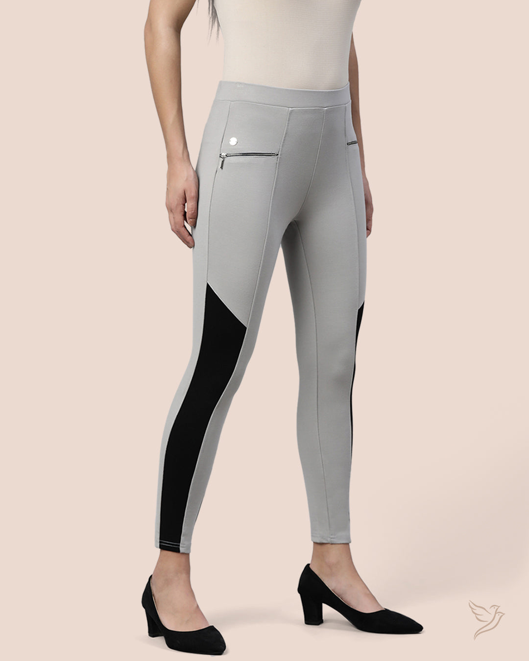 Grey & Black Zipped Treggings for Women