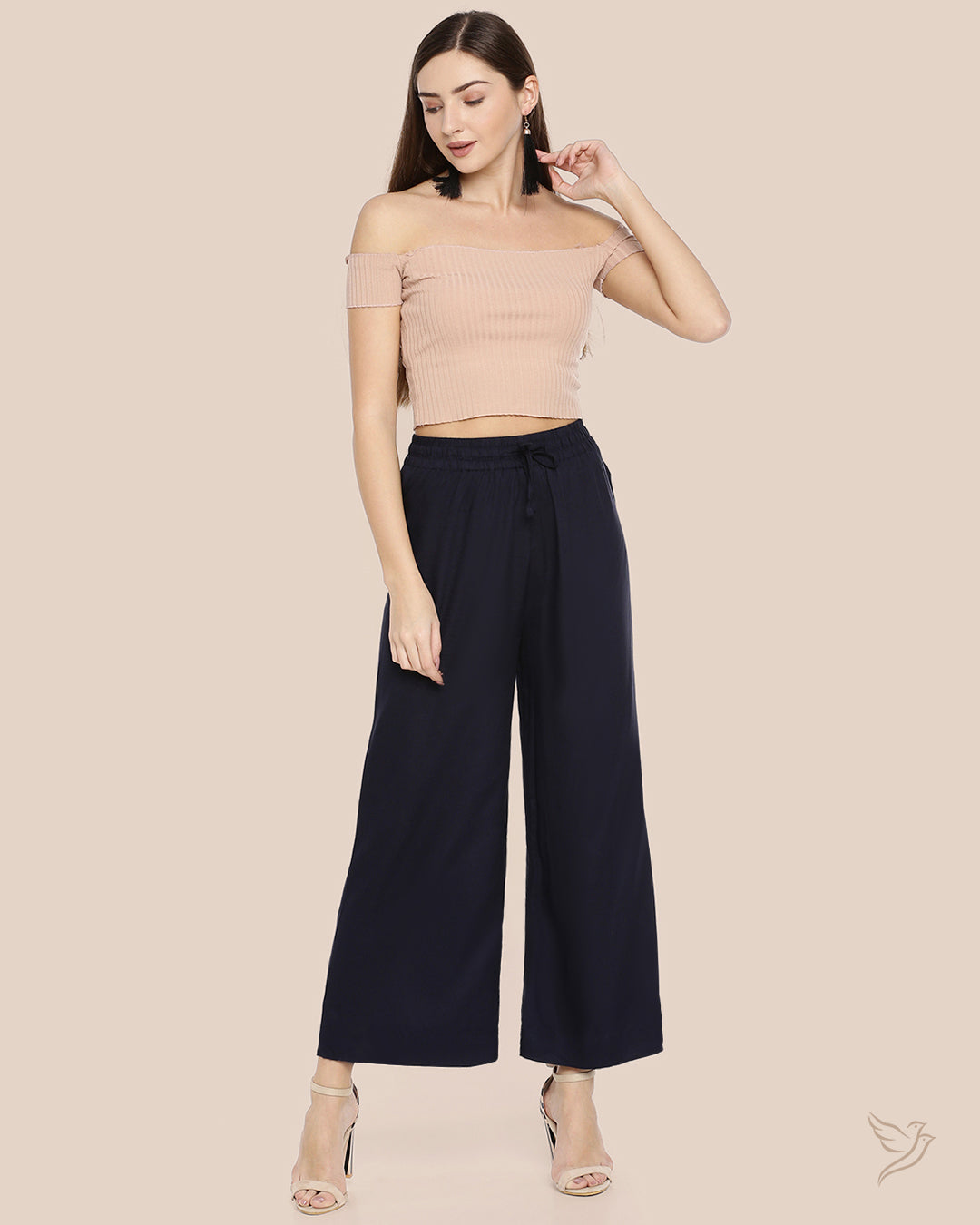 Stylish Navy Ribbon Women Solid Wide Leg Palazzo