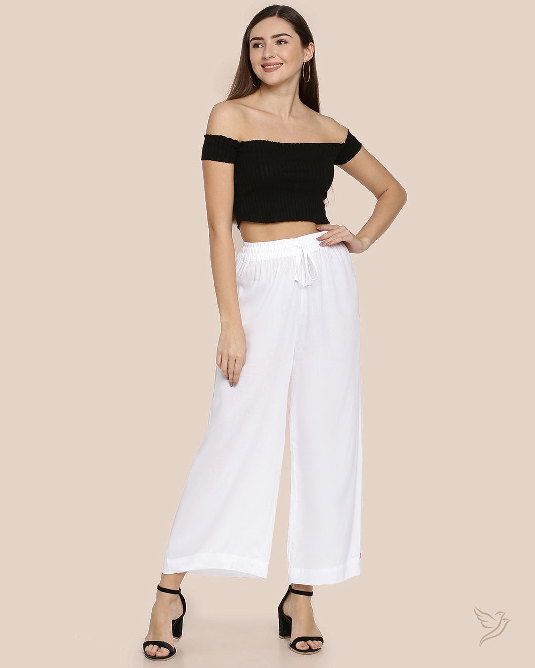 Stylish Pearl White Women Solid Wide Leg Palazzo