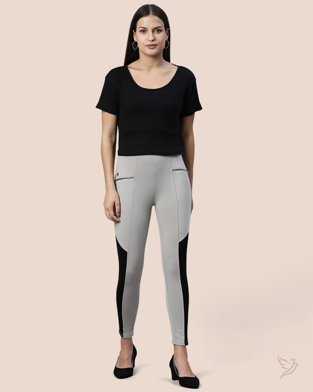 Luxury Grey & Black Women Zipped Treggings